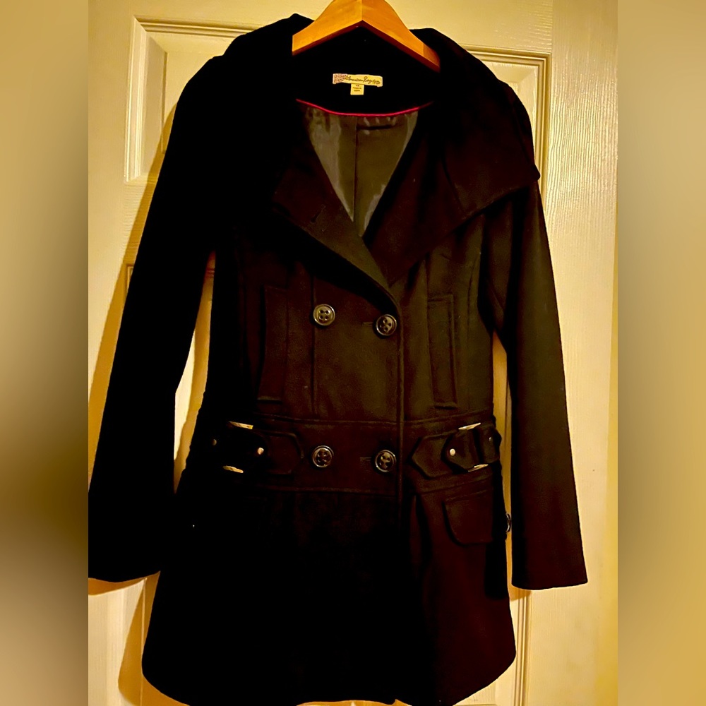 AMERICAN RAG Black Pea Coat, Front Gold Brass Ornamental Buckles, Hidden…